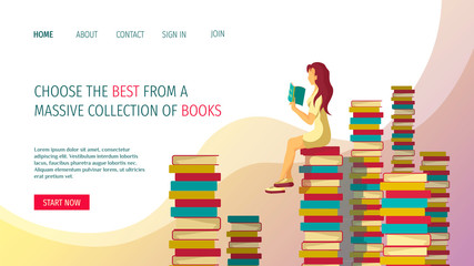 Web page design for bookstore, e-library, book lovers. Piles of books and Woman reading book. Vector illustration for poster, banner and website development.