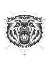 bear shield logo vector icon illustration. Line art of roaring bear head.