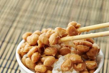 Natto, fermented soy beans with steamed rice 