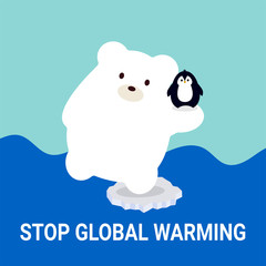Global warming. Cute bear with penguin on the small ice floe. Save the planet. Vector