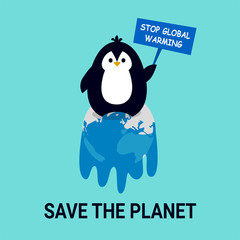 Global warming. Penguin on a melting planet