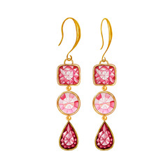 Beautiful jewelry earrings. Burgundy drop crystal and red square and round gemstone with gold element. Watercolor drawing Pendant with crystals on golden chain on white background.