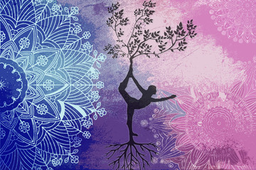 abstract background mandalas with silhouette of a girl tree