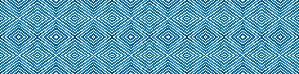 Blue Seamless Border Scroll. Geometric Watercolor 