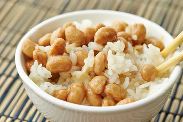 Natto, fermented soy beans with steamed rice 