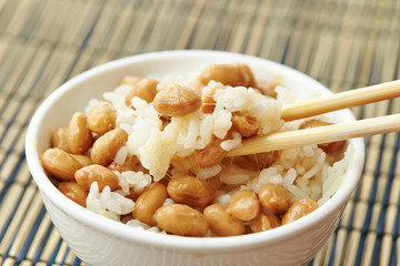 Natto, fermented soy beans with steamed rice 