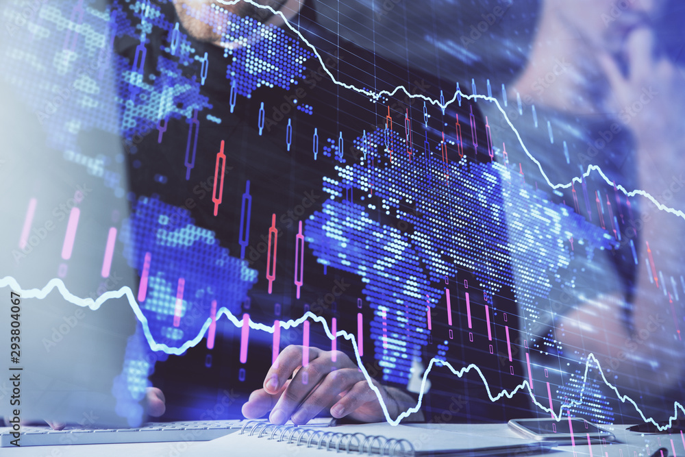 Poster forex graph with businessman working on computer in office on background. concept of analysis. doubl