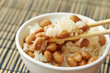Natto, fermented soy beans with steamed rice 