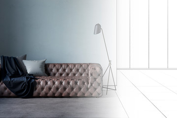 Sketch of modern living room with leather sofa, the white wall became real interior. 3d illustration
