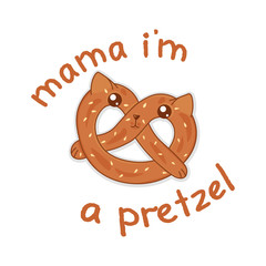 kawaii pretzel cat with sesame isolated, cute cartoon funny character, editable vector illustration