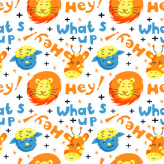 Seamless childish pattern with funny animals faces.