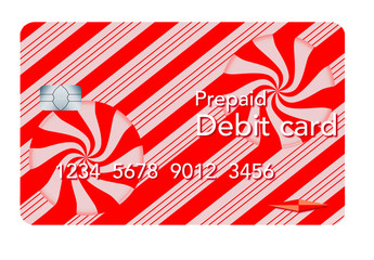 Obraz premium A prepaid debit card with a holiday candy stripe design is seen isolated on white. A perfect gift for a teenager’s first card.