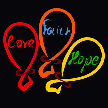 Three balloons with the words Faith, Hope and Love