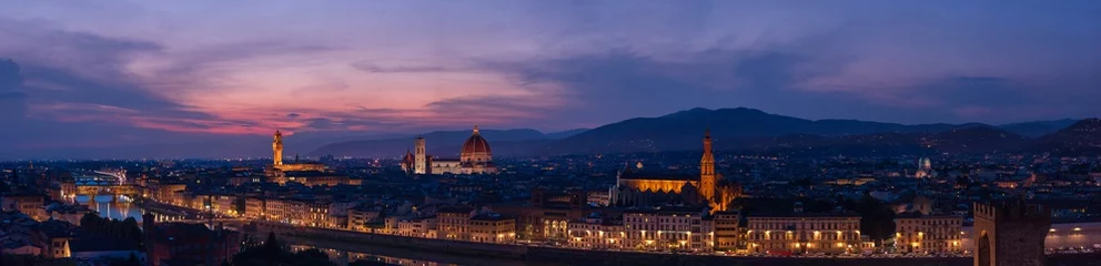 Poster Florence sunset very large high resolution panorama with all main florentine landmarks (cathedral, Palazzo Vecchio, Ponte Vecchio bridge, Arno river banks). 22.000 px wide: over 6 feet (2m) at 300 dpi © Niccolo