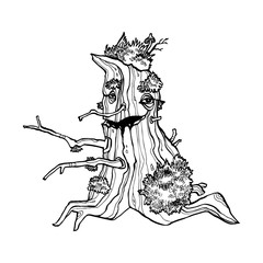 Old tree stump black and white character. Forest spirit line art illustration. Hand drawn raster.