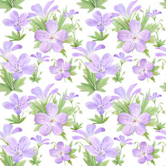 Fototapeta premium Seamless pattern of watercolor geranium flowers. Perfect for web design, cosmetics design, package, textile, wedding invitation, logo