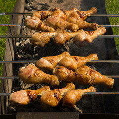 Traditional eastern dish, shish kebab. Grill on charcoal, picnic, street food. 