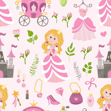 Seamless patern with beautiful princess, castle, carriage and accessories.