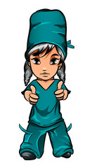 Cartoon surgeon doctor girl in uniform shows thumbs up. Vector illustration isolated on white.	