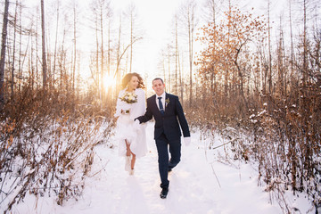 Beautiful wedding couple. Winter wedding of the groom in a beautiful suit and the bride in a beautiful wedding dress. Winter photo shoot newlyweds.