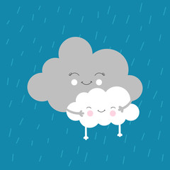 Mother cloud hugs a child in the sky. Vector image on blue background