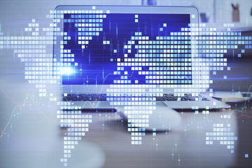 Multi exposure of business theme icons and table with computer background. Concept of success.