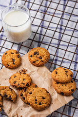 Chocolate chip cookies on rustic background