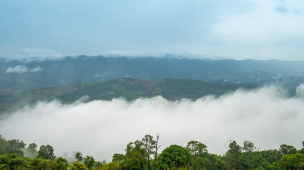 High angle viewpoint over rainforest mountains in Thailand