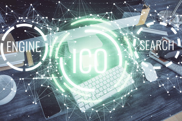 Double exposure of blockchain and crypto economy theme hologram and table with computer background....