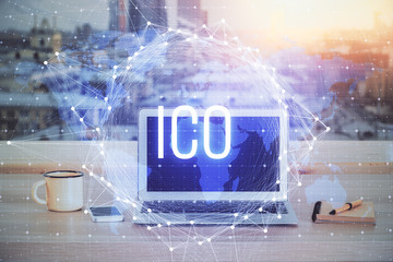 Double exposure of blockchain and crypto economy theme hologram and table with computer background....