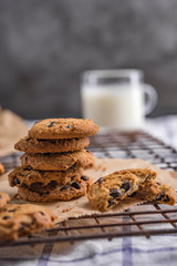 Chocolate chip cookies on rustic background
