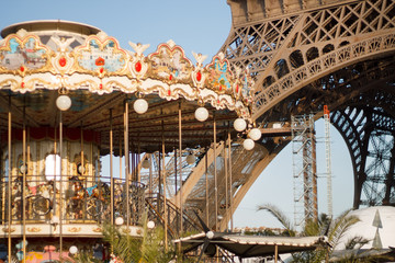 Eiffel tower near the amusement Park in Paris in France September 2019