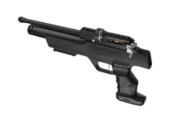Modern air rifle with folding butt and collimator sight isolate on a white background. Pneumatic...