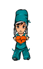 Cartoon surgeon doctor girl in uniform holds the red heart with a cardiogram. Vector illustration isolated on white.	