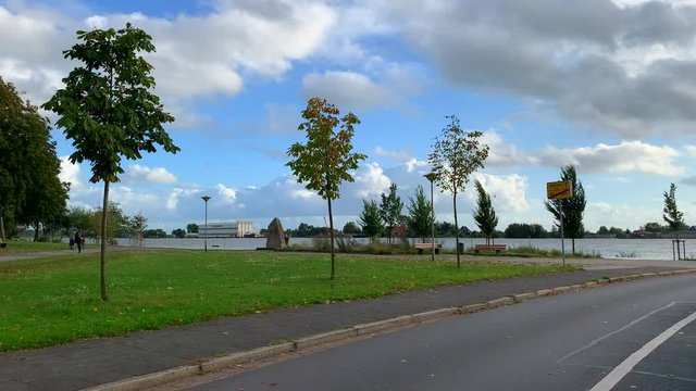 Bremen-Blumenthal, Bremen, Germany - September 30, 2019 crossing by ferry in Bremen Blumenthal. During a flood, the Weser is bursting with water and spills over the bank.