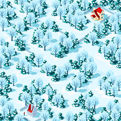 Help the person find the way from one house to another in the winter forest. Children's game riddle maze, vector illustration.