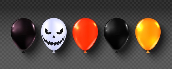 Halloween balloons. Party Happy halloween decor ballon set. Scary air orange, black and white balloons. Creepy face on baloon for sale banners or poster