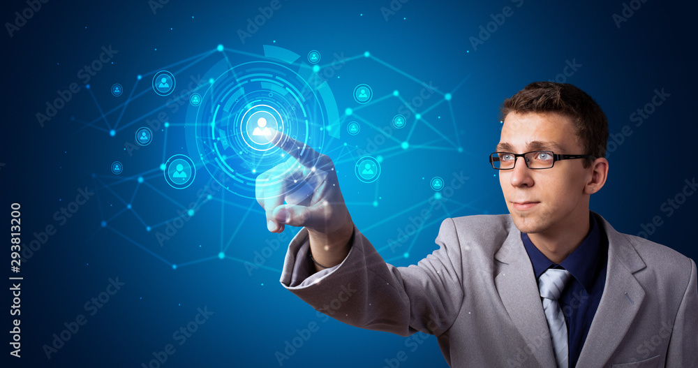 Poster Man touching hologram screen displaying keys and locks