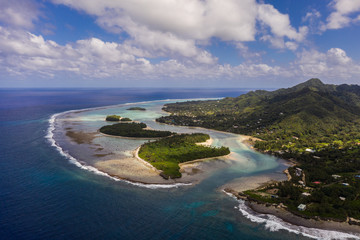 Stunning aerial view fo the Muri beach and lagoon, a famous vacation spot in the Rarotonga island in the Cook island