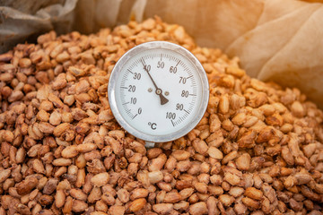 Temperature measurement of cocoa beans fermented in wooden barrels, to maintain the quality of cocoa flavor.