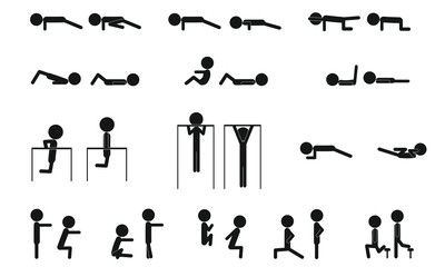 Bodyweight exercises set vector pictograms, isolated simple icons.