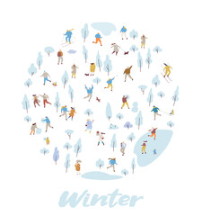 Winter park with tiny people flat vector background. Crowd of happy people in warm clothes. Winter outdoor activities - skating, skiing, throwing snowballs, building snowman.