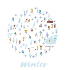 Winter park with tiny people flat vector background. Crowd of happy people in warm clothes. Winter outdoor activities - skating, skiing, throwing snowballs, building snowman.
