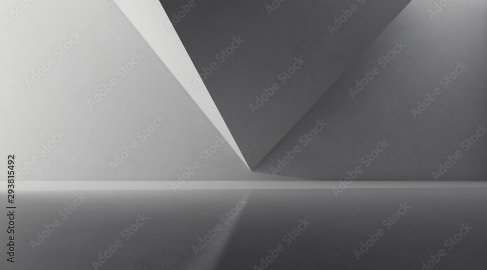 Poster Abstract of concrete space with sun light cast the shadow on the polygonal wall ,Geometric structure design,Perspective of brutalism  architecture,3d rendering	