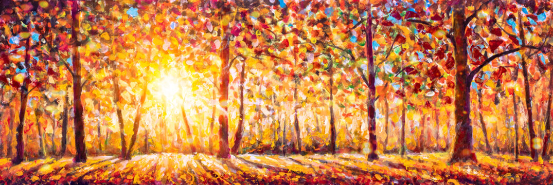 Autumn Panorama. Original Oil Painting On Canvas Art. Sunny Autumn Forest Trees. Modern Impressionism. Autumn Gold Yellow Orange Red Trees Park In Sun Light Landscape Artwork Acrylic Painting