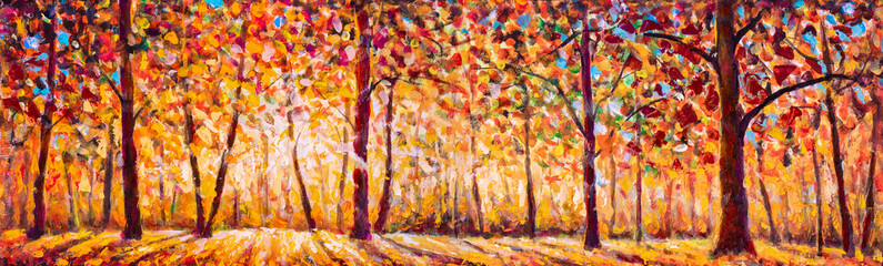 Autumn  panorama Tree with Foliage Original oil painting on canvas art. Impressionism Autumn illustration