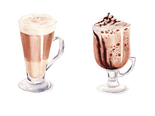 Hand painted Set with Cup of Coffee Latte and Glass of chocolate mocha coffee isolated on white background.