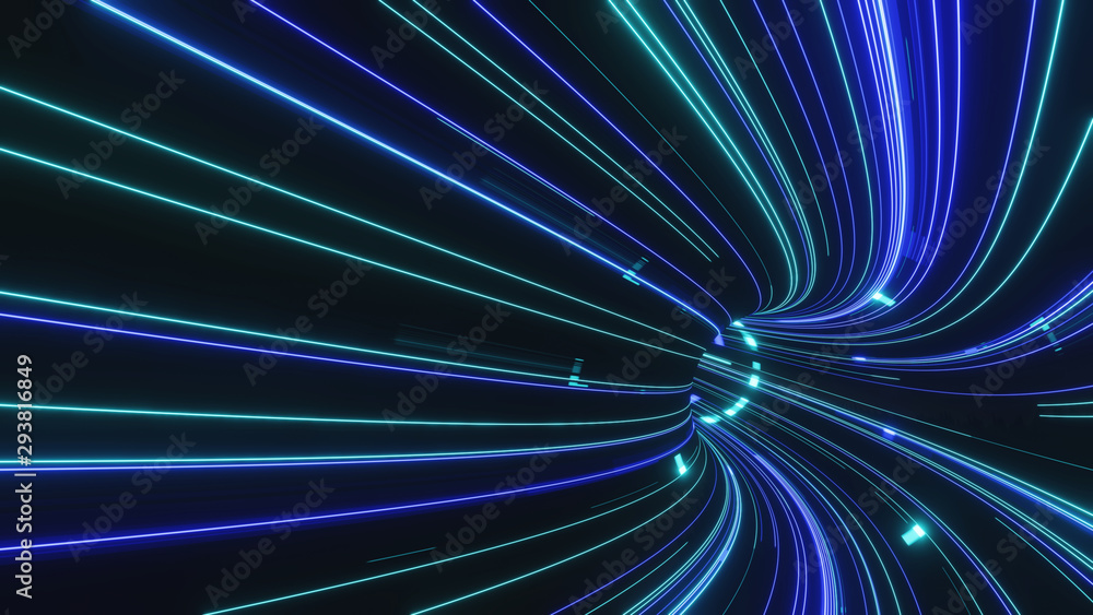Poster 3d rendering of abstract fast moving stripe lines with glowing led blue lights. high speed motion bl