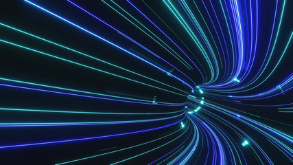 Fototapeta na wymiar 3D Rendering of abstract fast moving stripe lines with glowing led blue lights. High speed motion blur. Concept of leading in business, Hi tech products, warp speed wormhole science.