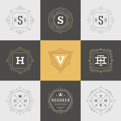 Vintage logos templates set vector flourishes calligraphic elegant ornaments frames and borders